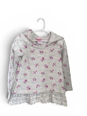 Sears Nannette Gray Hooded Shirt with Pink Floral Print and Lace Trim